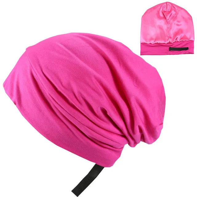 ALEXANDER PRODUCTS Satin Lined Sleep Cap Adjustable Bonnet Slouchy Beanie Natural Curly Hair Women