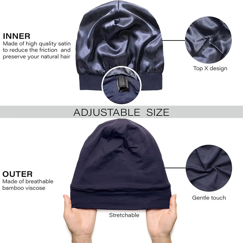 ALEXANDER PRODUCTS Satin Lined Sleep Cap Adjustable Bonnet Slouchy Beanie Natural Curly Hair Women